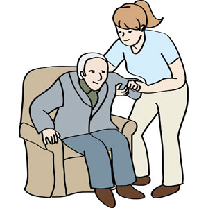 Frau hilft einem älteren Mann beim Aufstehen