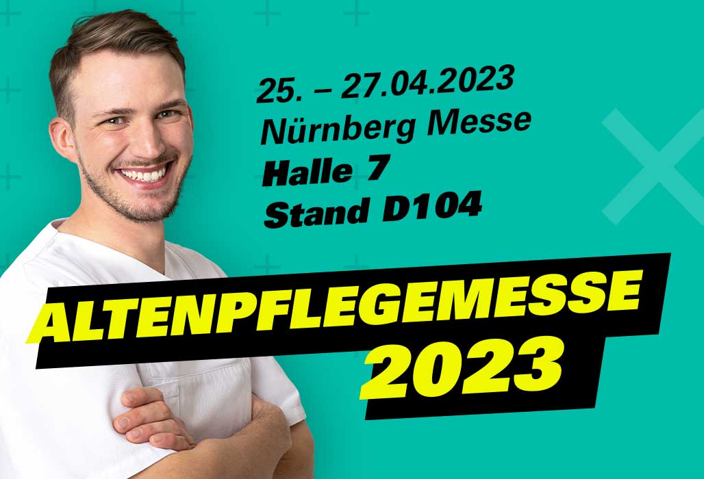 Altenpflegemesse 2023 am 25. - 27. April in der Nürnberger Messe, Halle 7, Stand D104