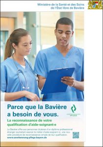 Plakat "Weil Bayern Sie braucht. Ihre Anerkennung als Pflegefachkraft", französisch