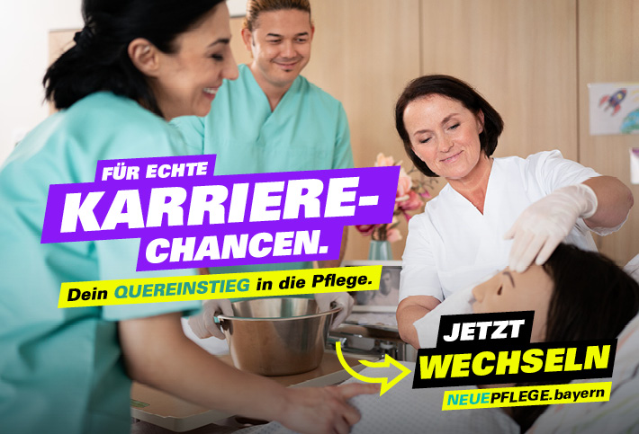 Für echte Karrierechancen. Dein Quereinstieg in die Pflege. Jetzt wechseln. neuepflege.bayern
