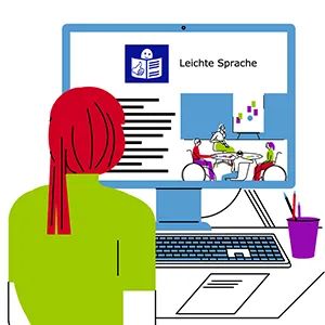 Frau informiert sich am Computer auf einer Internetseite in Leichter Sprache